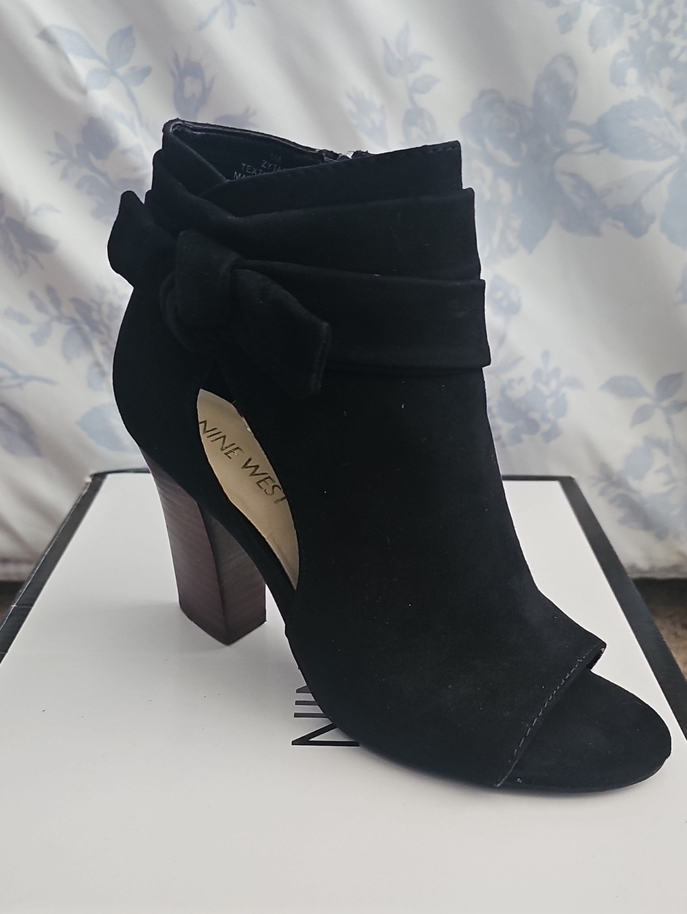 Nine West Black Suede Peep-Toe Bow Cutout Ankle Boot